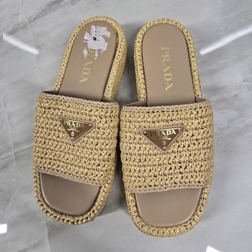Prada Beige Woven Slide Sandals - Picture 6 of 9